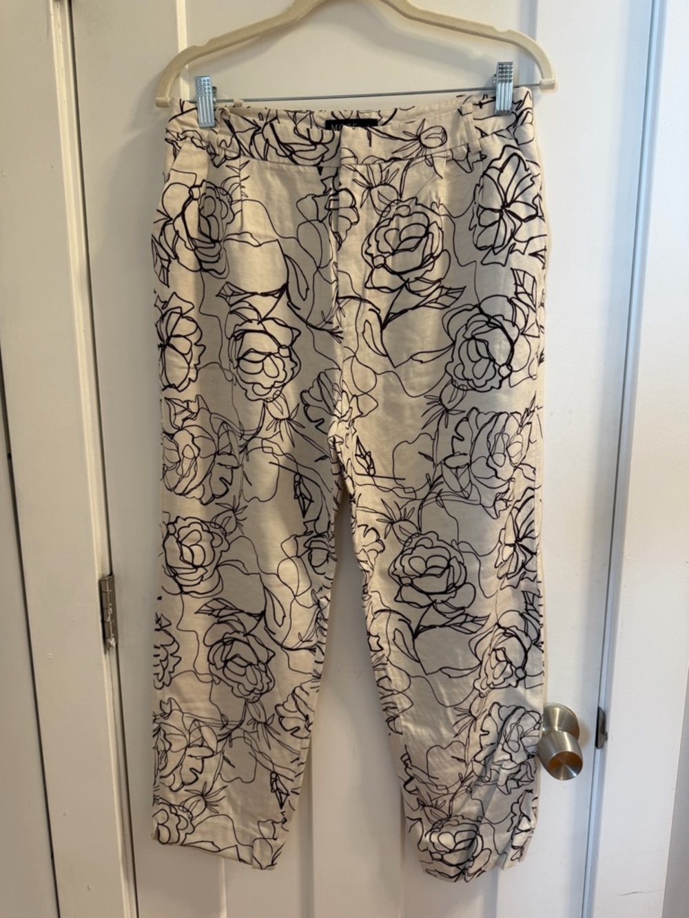 MOTF Cream Crop Pants with Black Floral Outline